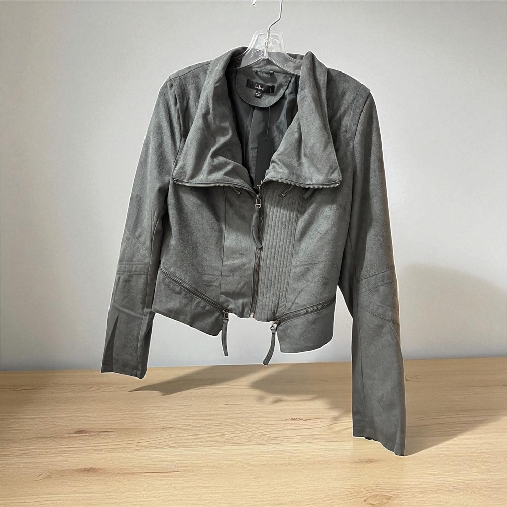 Gray Suede Style Zip Front Moto Jacket punk alt lightweight